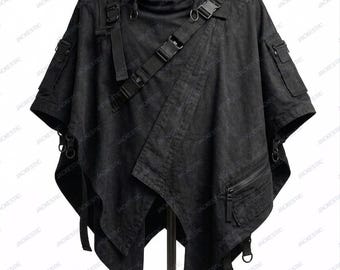 Desert Tan Hooded Tactical Poncho Jacket | Military Utility Cloak | Techwear Streetwear Cape | Multi Pocket Combat Outerwear | Unisex