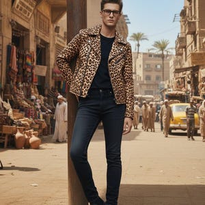 May include: A person wearing a leopard print jacket, black t-shirt, dark wash jeans, and black boots. The jacket has a classic biker style with a notched collar and zipper details. The person is standing in a sunlit street scene.