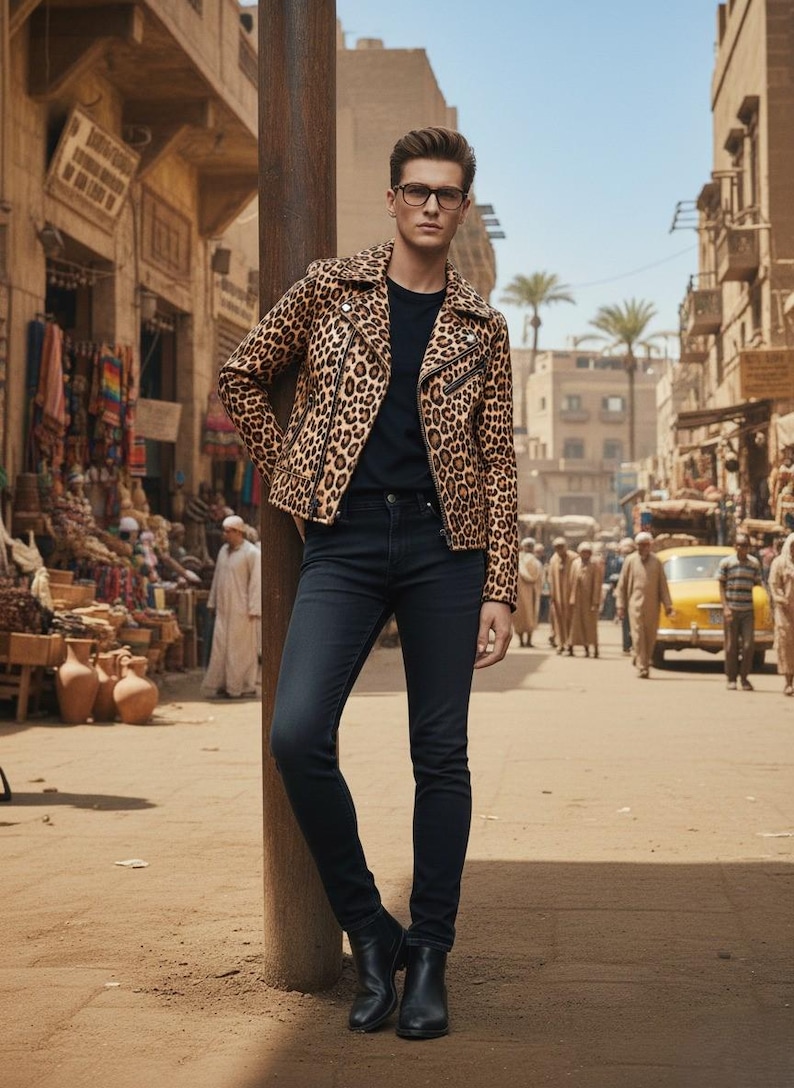 May include: A person wearing a leopard print jacket, black t-shirt, dark wash jeans, and black boots. The jacket has a classic biker style with a notched collar and zipper details. The person is standing in a sunlit street scene.