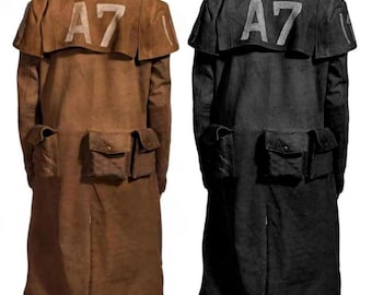 A7 Distressed Leather Trench Coat Brown or Black – Gothic Duster Jacket – Cyberpunk Steampunk Cosplay Long Coat – Post Apocalyptic Outfit