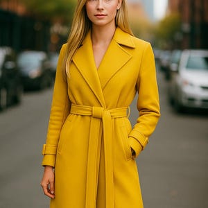 Könnte beinhalten: Ein langer, gelber Mantel mit einem Gürtel in der Taille und gekerbten Revers. Der Mantel hat lange Ärmel mit Manschettendetails und Taschen. Die Frau steht auf einer Stadtstraße.
