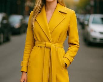 Demi Moore Inspired Yellow Wool Trench Coat | Chic Belted Winter Overcoat for Women