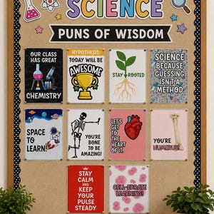 May include: A bulletin board with a wooden frame and black polka-dot border featuring the title SCIENCE PUNS OF WISDOM. It displays ten posters with science-themed illustrations and text, including chemistry, space, biology, and anatomy puns.