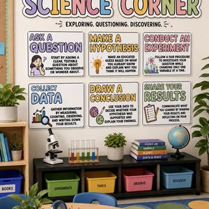 May include: A classroom wall display titled OUR SCIENCE CORNER with six instructional posters detailing the scientific method. Below, a black shelf holds a microscope, test tubes, books, and a globe, with colorful storage bins labeled below.