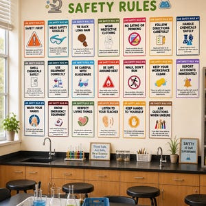 May include: A wall display featuring twenty Science Lab Safety Rules posters with colorful borders and icons. The text includes instructions like Safety First, Wear Safety Goggles, and No Eating or Drinking. A small sign reads Think Safe, Act Safe.