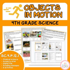 May include: A laptop screen shows a 4th-grade science lesson on "Objects in Motion." The orange and white graphic includes text and illustrations about physical science, ready to print, digital file, reading passages, and 8 activities.