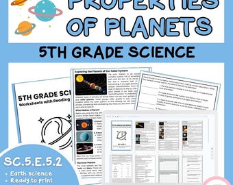 May include: A digital educational resource titled "Properties of Planets" for 5th grade science. The image features a laptop displaying worksheets, along with illustrations of planets and the solar system. The resource includes reading passages and activities.