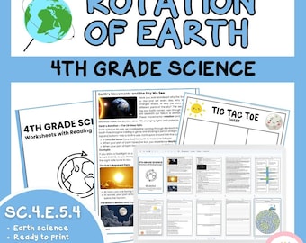 May include: A digital educational resource for 4th grade science, featuring worksheets on Earth's rotation and movements. The image includes the title "Rotation of Earth" and "4th Grade Science", along with a globe graphic and a laptop displaying worksheets.