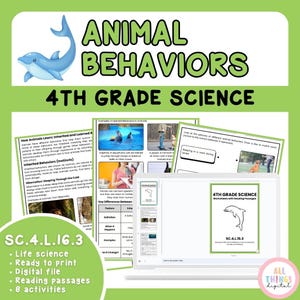 以下が含まれることがあります： 動物の行動に焦点を当てた、4年生向けの科学教育用グラフィック。緑と白のデザインで、イルカのイラスト、テキスト「Animal Behaviors」と「4th Grade Science」、ワークシートを表示するラップトップが含まれています。この製品は、読解とアクティビティを備えたデジタルファイルです。