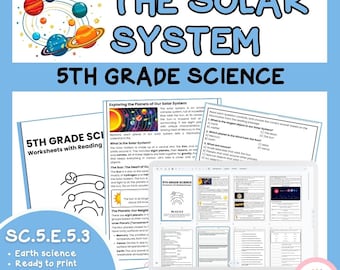 May include: A digital educational resource titled "THE SOLAR SYSTEM" for 5th grade science. The image features a laptop displaying worksheets, along with colorful illustrations of planets and the sun. Includes reading passages and 8 activities.