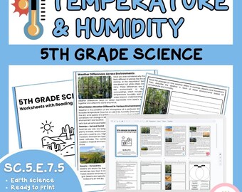 May include: A digital 5th-grade science worksheet set on temperature and humidity. The image features a laptop displaying worksheets, a thermometer graphic, and the text "TEMPERATURE & HUMIDITY". Includes reading passages and 8 activities.