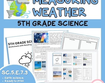 May include: A digital educational resource titled "Measuring Weather" for 5th-grade science. The image features a laptop displaying worksheets, alongside a printed worksheet and a graphic of weather elements. The resource includes reading passages and activities.