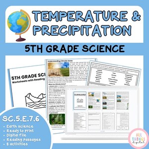 May include: A blue and yellow globe sits atop a blue background with the words "TEMPERATURE & PRECIPITATION" and "5TH GRADE SCIENCE". The image includes worksheets about climate zones and a laptop displaying science pages.