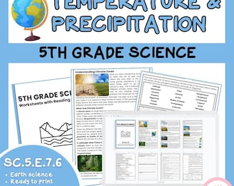 May include: A blue and yellow globe sits atop a blue background with the words "TEMPERATURE & PRECIPITATION" and "5TH GRADE SCIENCE". The image includes worksheets about climate zones and a laptop displaying science pages.