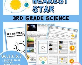 May include: A digital science worksheet set for 3rd grade, featuring the title "Nearest Star" in blue. The set includes reading passages, activities, and the text "SC.3.E.5.3 Earth & Space Science". The image shows a laptop displaying the worksheets.