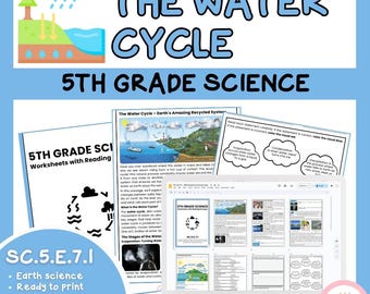 May include: A digital worksheet titled "The Water Cycle" for 5th grade science. The image shows a laptop displaying the worksheet, with text including "Earth science," "Ready to print," and "Digital file."