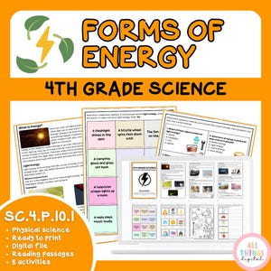 May include: A digital science lesson plan for 4th grade, titled "Forms of Energy," displayed on a laptop. The plan includes reading passages, activities, and covers topics like light and energy. The design features a lightning bolt and leaves.