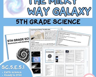 May include: A digital 5th-grade science worksheet set with the title "The Milky Way Galaxy." The image includes a laptop displaying worksheets, a spiral galaxy graphic, and text that reads "Earth science, ready to print, digital file, reading passages, 8 activities."