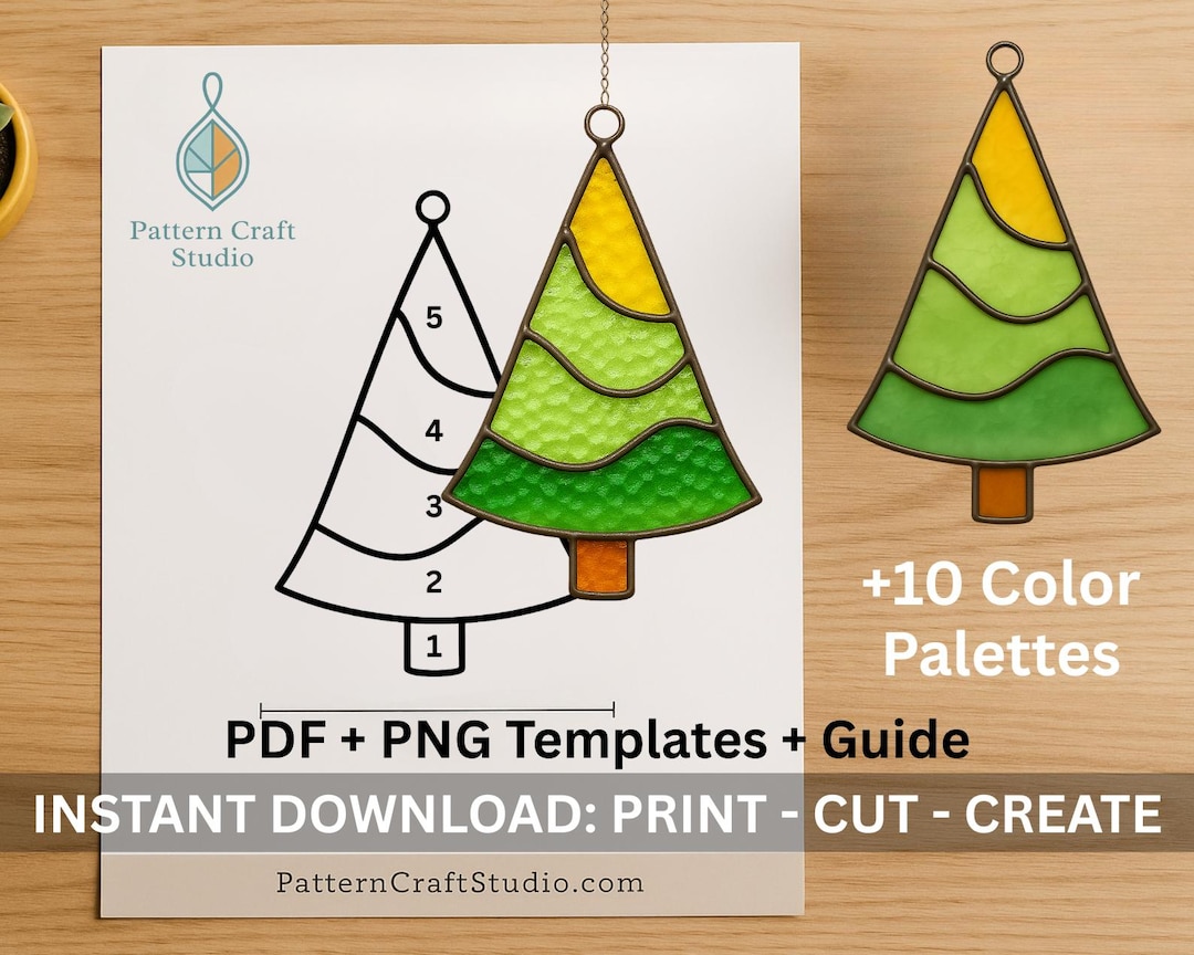 Christmas Tree Stained Glass Pattern PDF and PNG Templates + PDF Guide ...