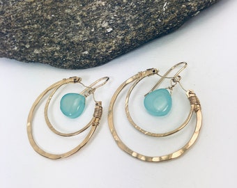 Hoop Earrings, Statement Earrings, Gemstone Earrings, Gold Hoops, Hammered Hoops, Gifts for her, Chalcedony, Women's Jewelry, Boho Earrings