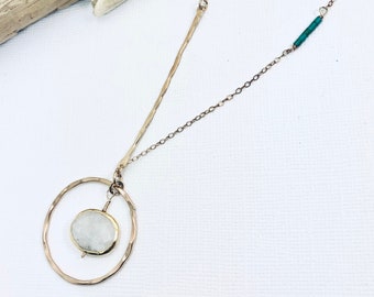 Moonstone necklace, Turquoise Necklace, Circle Necklace, Hammered Gold Necklace, Handcrafted Necklace, A Symmetrical Necklace, Pendant