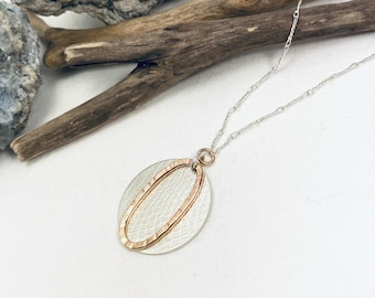 GOLD DISC NECKLACE, Pendent Necklace, Hand Forged Jewelry, Hand Cut Sterling Silver Linked Chain Snakeskin Styled Texture Thoughtful Gift
