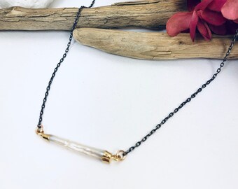 Stick Pearl Necklace, Edgy Pearl Necklace, Unique Pearl Necklace, Oxidized pearl Necklace, Mixed Metal Pearl Necklace, Simple Pearl Necklace