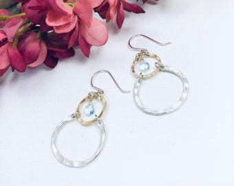 Birthstone Earrings March Birthstone Aquamarine Earrings Topaz Earrings Crystal Earrings Horseshoe Earrings December Birthstone Hammered