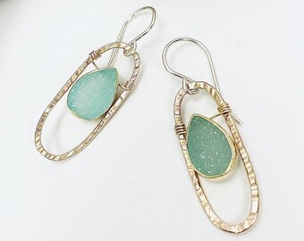 Druzy Aqua Gemstone Capsule Earrings, Shimmering Delicate Earrings, Oval Oblong Unique Geometric Earrings, Handmade Hammered Jewelry