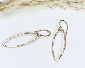 Chunky Open Oval Earrings, Geometric Hammered Dainty Asymmetrical Earrings, 14k Gold Fill Ear Rings, Affordable Minimalist Jewelry-Marquise
