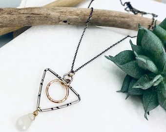 OXIDIZED NECKLACE, MOONSTONE Pendant, Triangle Necklace, Thin Chain Sterling Silver & 14k Gold Rainbow Moonstone Necklace Gift For Alchemist
