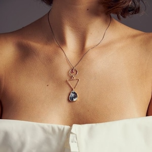 TRIANGLE NECKLACE, Dendrite OPAL, Oxidized Necklace, Multi Pendants Sterling Silver & 14k Gold Filled Water Element Alchemy Necklace