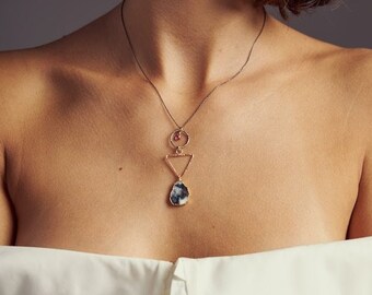 TRIANGLE NECKLACE, Dendrite OPAL, Oxidized Necklace, Multi Pendants Sterling Silver & 14k Gold Filled Water Element Alchemy Necklace