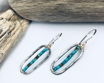 Turquoise earrings, Turquoise Jewelry, hammered Turquoise Earrings, Mixed metal Earrings, Artisan Earrings, Navajo Earrings, Southwest