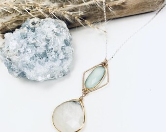 Rainbow Moonstone and Chalcedony Necklace, 2 Double Pendant Necklace, 14k Gold Filled Unique Everyday Necklace, Geometric Skies Jewelry