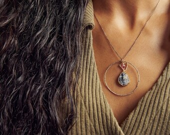 Multi Stone NECKLACE, ALCHEMIST, OXIDIZED Necklace, Silver and Goldfill Pendants Dendrite Opal & Rhodolite Garnet Thin Large Hoop Necklace