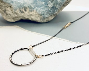 Open CIRCLE NECKLACE, Tiny MOONSTONE, Oxidized Necklace, Alchemy, Blackened Sterling Silver With 14k Gold Simple Beads Necklace For Women