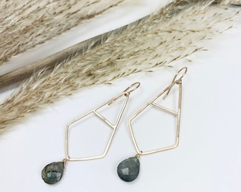 LABRADORITE EARRINGS, FEMINIST Earrings, Teenage Girl Jewelry, Aesthetic Earrings, 14k Gold Filled Geometric Shape Triad Earrings for Gift