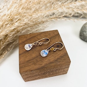 Rainbow Moon Stone Earrings, 14K Gold Fill Earrings, Pear Moonstone Dangly Tear Drop, Mini Statement Dangling Ear Rings, June Gemstone Gift