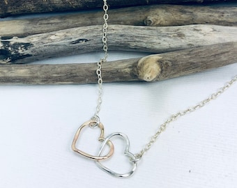 Heart Necklace Hearts Necklace, Interlinked Hearts Mixed Metal Hearts Heart Jewelry Gift for her Gold Heart Necklace Silver Heart