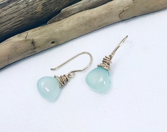 Drop Earrings, Chalcedony Earrings, Beach Jewelry, Sea Green Earrings, Simple Earrings, Everyday Earrings, Gemstone Earrings, Gift For Mom