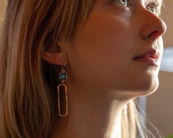 Long Elongated Open Earrings, Geometric Rectangular Earrings with Labradorite Gemstone, Statement Oblong Everyday Earrings