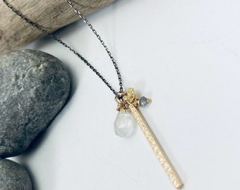 Small Little Tiny Chams Necklace, Rainbow Moon Stone Oasis Labradorite Disc Vertical Bar Necklace, Everyday Hammered Jewelry, Healing Gem