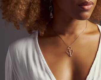 OXIDIZED NECKLACE, TRIANGLE Pendant, Thin Chain Necklace, Alchemy Tiny Moonstone Sterling Silver & 14k Gold Thin Chain Dark Theme Necklace