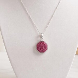 Natural Raw Ruby Octagon Pendant Necklace, 925 Sterling Silver, July Birthstone