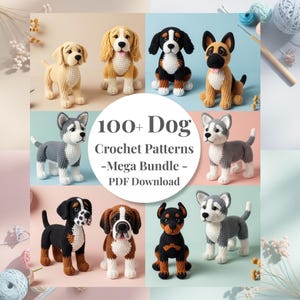 Puede incluir: Una colección de figuras de perros de ganchillo, que incluyen un husky, un beagle y un pastor alemán. La imagen presenta un gráfico circular con el texto "100+ Dog Crochet Patterns - Mega Bundle - PDF Download."