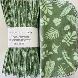 Handmade. Organic Cloth Baby Wipes . 8x8 cotton flannel. Eco friendly reusable washable cloth wipes and/or napkins.  Green Leaves