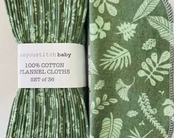 Handmade. Organic Cloth Baby Wipes . 8x8 cotton flannel. Eco friendly reusable washable cloth wipes and/or napkins.  Green Leaves