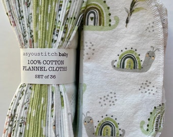 Handmade. Cloth Baby Wipes . 8x8 cotton flannel. Eco friendly reusable washable cloth wipes and/or napkins.  Snails