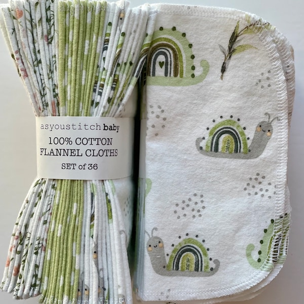 Handmade. Cloth Baby Wipes . 8x8 cotton flannel. Eco friendly reusable washable cloth wipes and/or napkins.  Snails